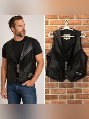 Open Road Men’s Black Genuine Leather Fringe Biker Vest Size XL